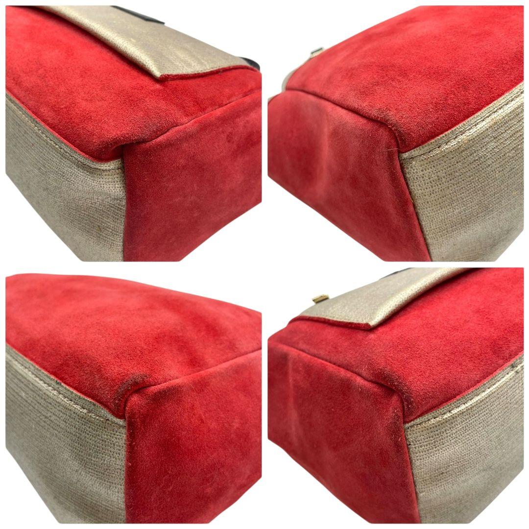 フルラ　ハンドバッグ　赤　バイカラー　スエード　レザー　本革　FURLA　T8　トートバッグ　ゴールド金具　シルバー金具　ロゴプレート　レッド　ゴールド