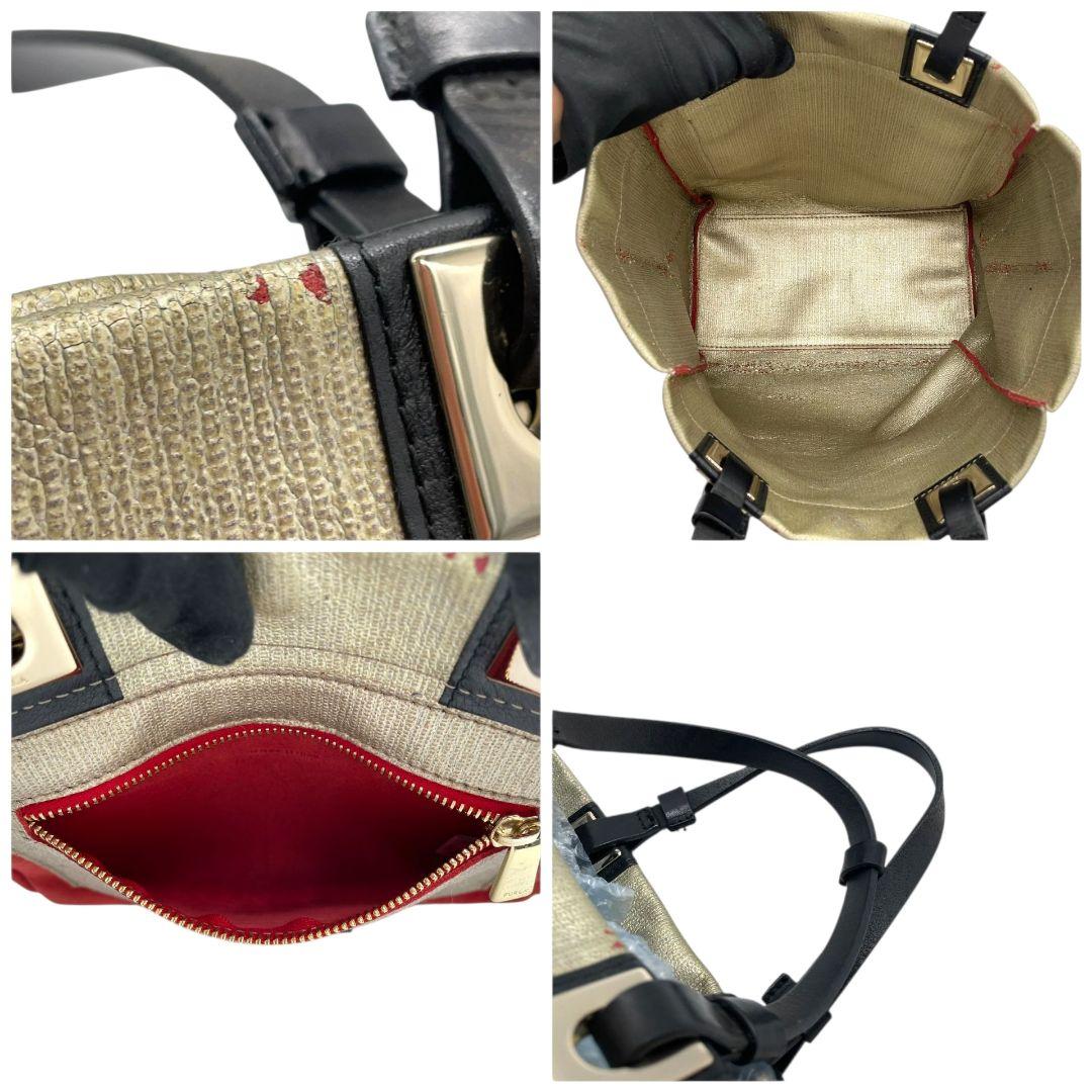 フルラ　ハンドバッグ　赤　バイカラー　スエード　レザー　本革　FURLA　T8　トートバッグ　ゴールド金具　シルバー金具　ロゴプレート　レッド　ゴールド