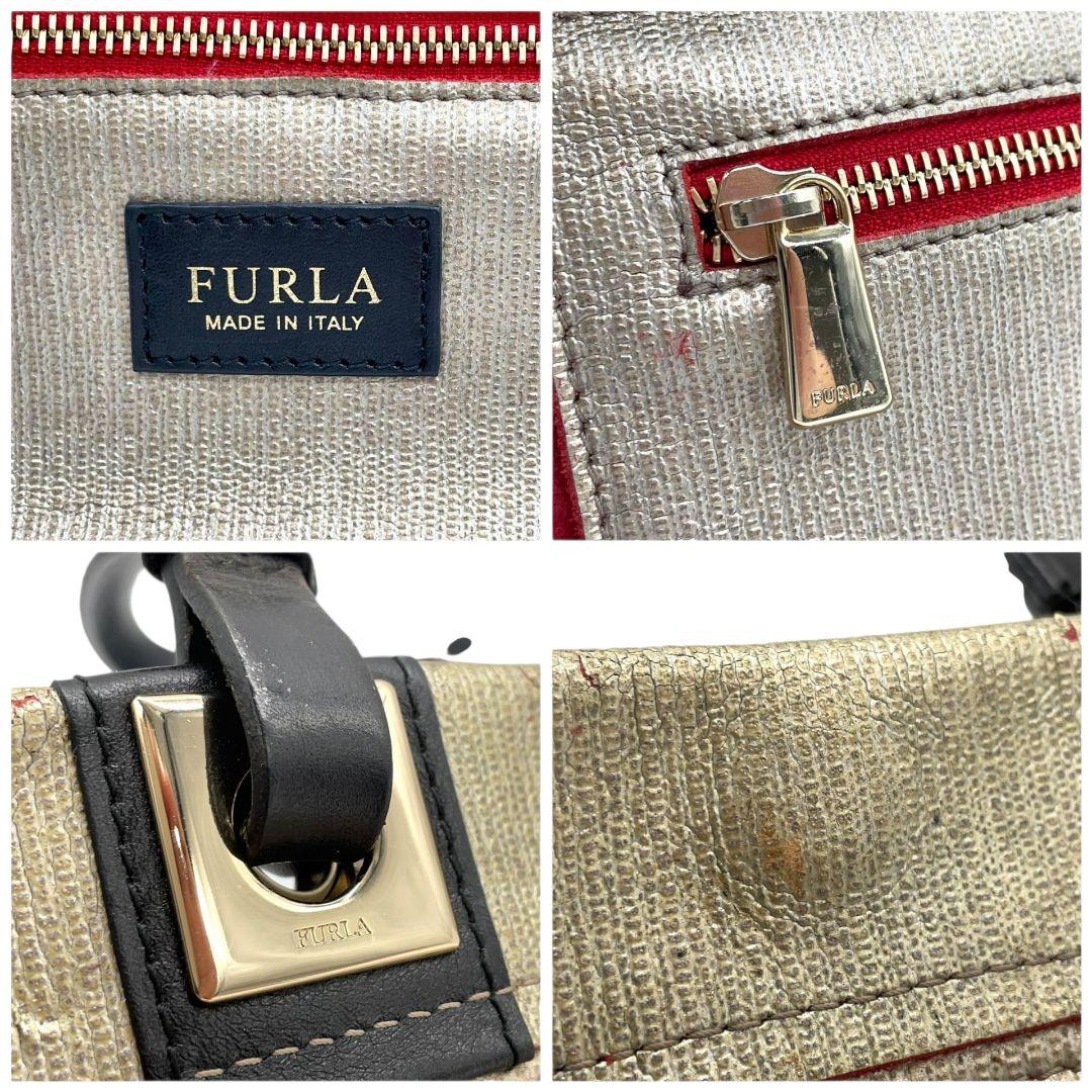 フルラ　ハンドバッグ　赤　バイカラー　スエード　レザー　本革　FURLA　T8　トートバッグ　ゴールド金具　シルバー金具　ロゴプレート　レッド　ゴールド