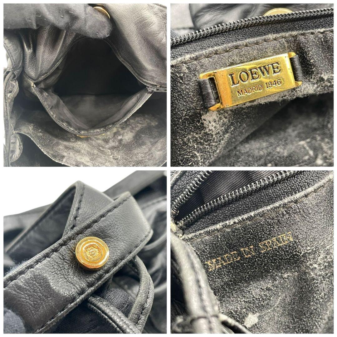 ロエベ LOEWE ショルダーバッグ アナグラム 巾着 ワンショルダー レザー ブラック 黒 ゴールド金具 ロゴプレート 本革 斜め掛け可 ヴィンテージ A6