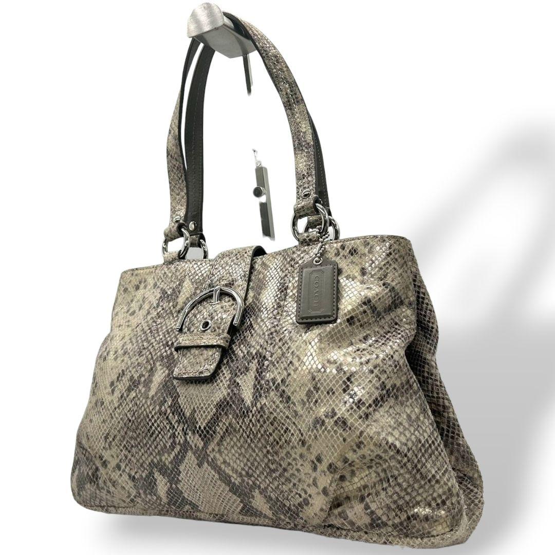 美品 コーチ ハンドバッグ グレー 型押し レザー 本革 ワンショルダー トートバッグ 肩掛け可 シルバー金具 ロゴタグ F19679