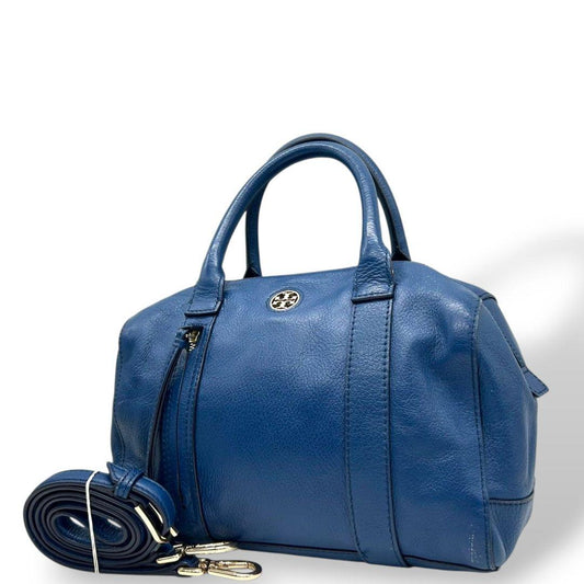 トリーバーチ ハンドバッグ 青 ロゴ 2way 斜め掛け可 レザー 本革 自立可 ショルダーバッグ トートバッグ ドーム型 ブルー ゴールド金具 ロゴプレート TORY BURCH E5 上品 高級感