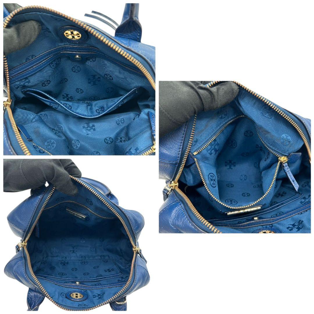 トリーバーチ ハンドバッグ 青 ロゴ 2way 斜め掛け可 レザー 本革 自立可 ショルダーバッグ トートバッグ ドーム型 ブルー ゴールド金具 ロゴプレート TORY BURCH E5 上品 高級感