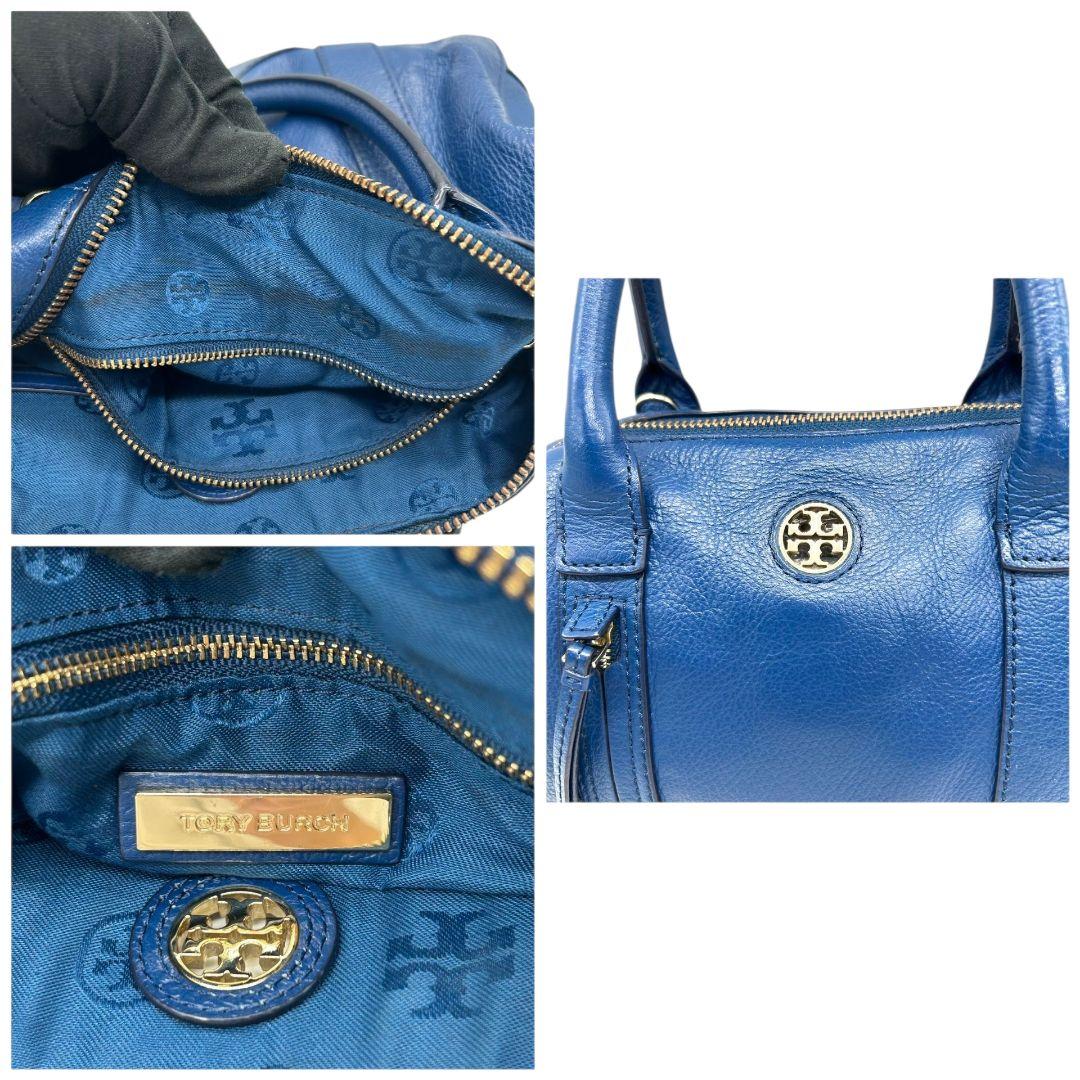 トリーバーチ ハンドバッグ 青 ロゴ 2way 斜め掛け可 レザー 本革 自立可 ショルダーバッグ トートバッグ ドーム型 ブルー ゴールド金具 ロゴプレート TORY BURCH E5 上品 高級感