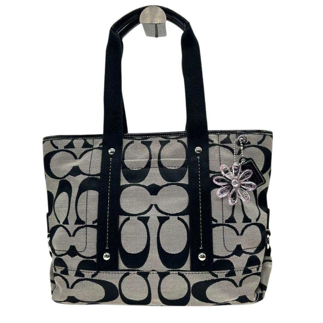 COACH コーチ トートバッグ ブラック 黒 グレー シグネチャー 2WAY キャンバス レザー 本革 ハンドバッグ ショルダーバッグ 斜め掛け可 肩掛け可 シルバー金具 チャーム付き ロゴタグ s87 18855