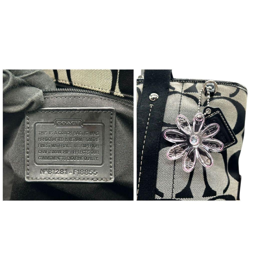 COACH コーチ トートバッグ ブラック 黒 グレー シグネチャー 2WAY キャンバス レザー 本革 ハンドバッグ ショルダーバッグ 斜め掛け可 肩掛け可 シルバー金具 チャーム付き ロゴタグ s87 18855