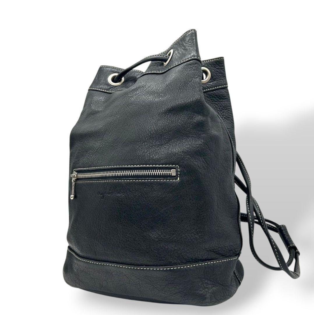 agnes b アニエスベー VOYAGE ショルダーバッグ 巾着 レザー 本革 黒 ブラック ロゴ ステッチ 巾着バッグ 斜め掛け可 ボディバッグ風 シルバー金具 s57