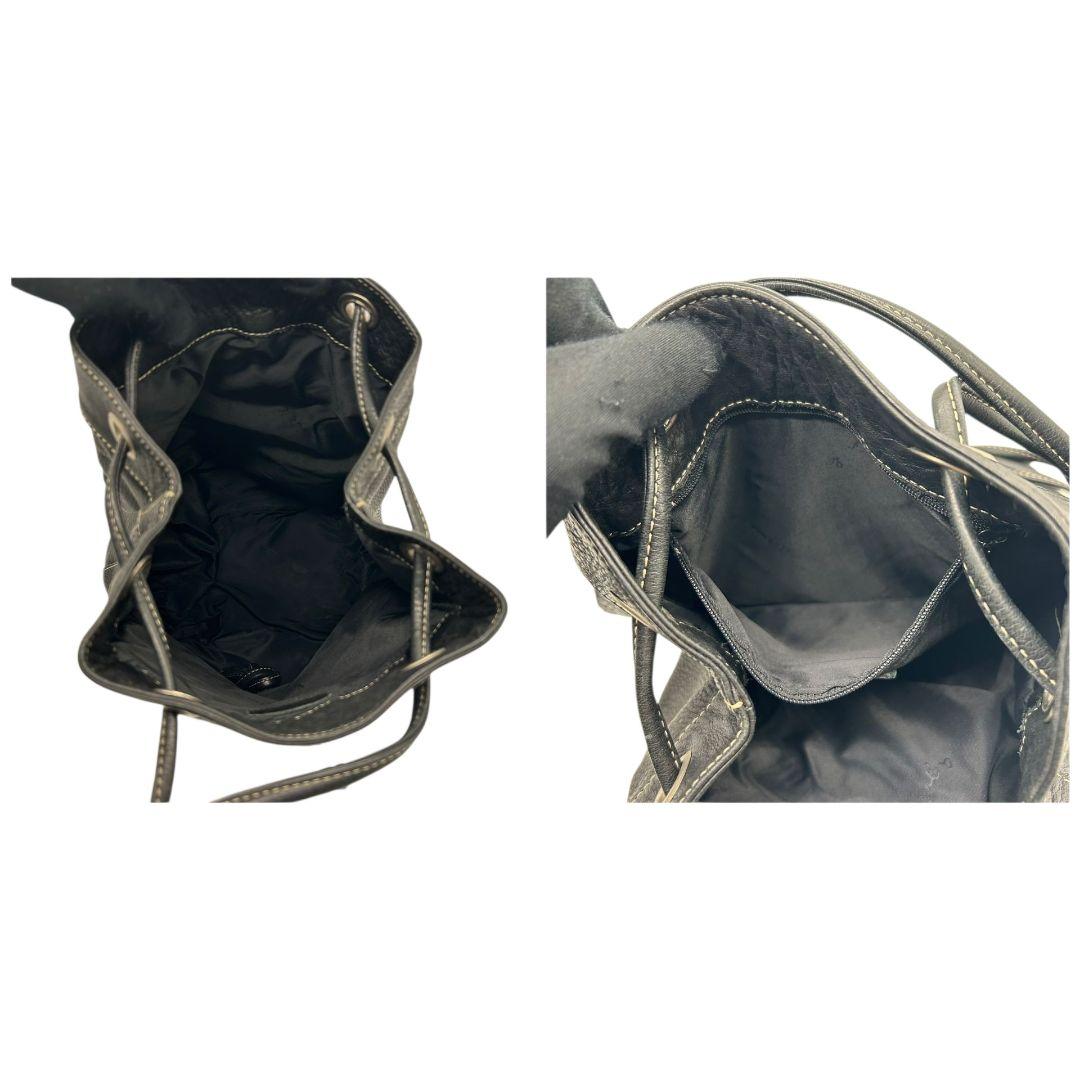 agnes b アニエスベー VOYAGE ショルダーバッグ 巾着 レザー 本革 黒 ブラック ロゴ ステッチ 巾着バッグ 斜め掛け可 ボディバッグ風 シルバー金具 s57