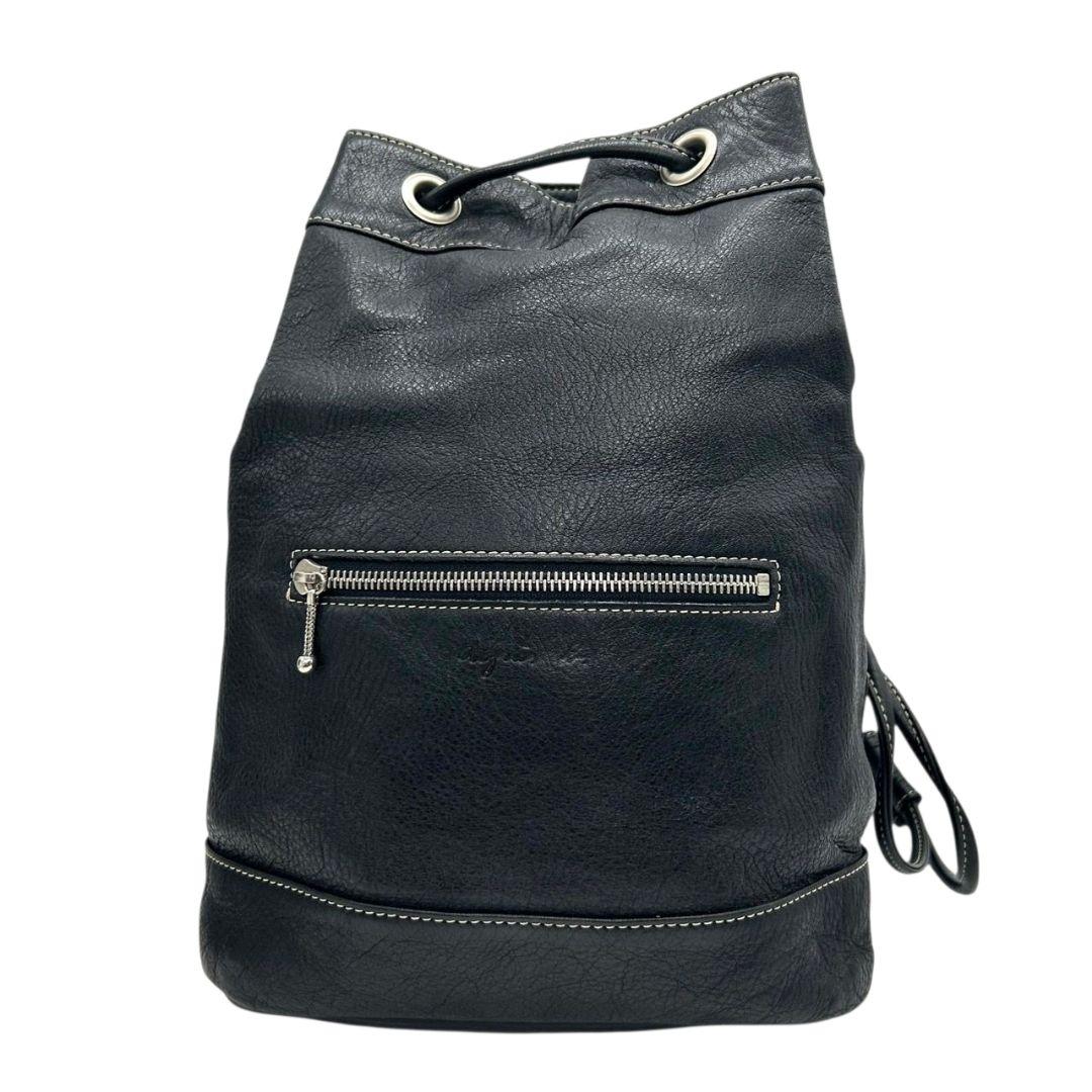 agnes b アニエスベー VOYAGE ショルダーバッグ 巾着 レザー 本革 黒 ブラック ロゴ ステッチ 巾着バッグ 斜め掛け可 ボディバッグ風 シルバー金具 s57