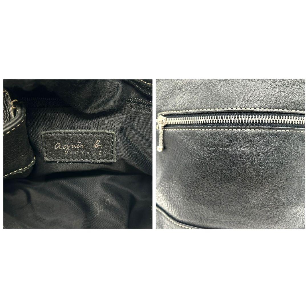 agnes b アニエスベー VOYAGE ショルダーバッグ 巾着 レザー 本革 黒 ブラック ロゴ ステッチ 巾着バッグ 斜め掛け可 ボディバッグ風 シルバー金具 s57