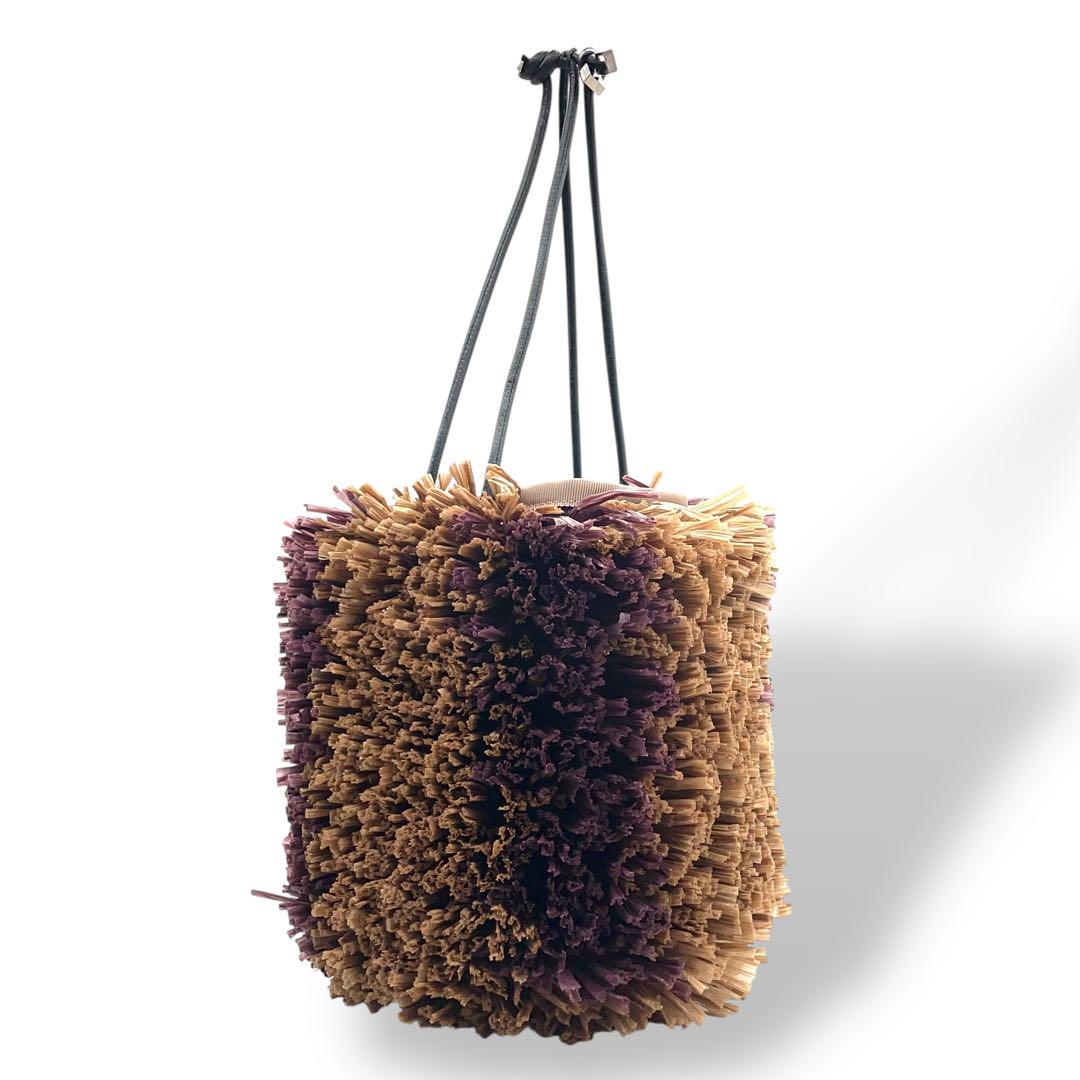 極美品 LUDLOW ラドロー E ウニバッグ 巾着 ハンドバッグ ベージュ パープル ブラウン ビニール キャンバス レザー シルバー金具 個性派 Y2K s