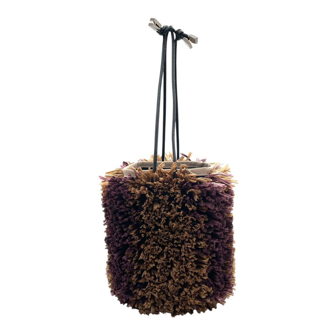 極美品 LUDLOW ラドロー E ウニバッグ 巾着 ハンドバッグ ベージュ パープル ブラウン ビニール キャンバス レザー シルバー金具 個性派 Y2K s