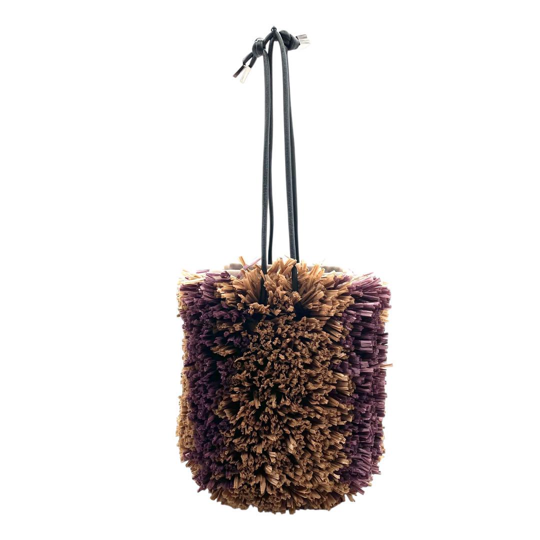 極美品 LUDLOW ラドロー E ウニバッグ 巾着 ハンドバッグ ベージュ パープル ブラウン ビニール キャンバス レザー シルバー金具 個性派 Y2K s