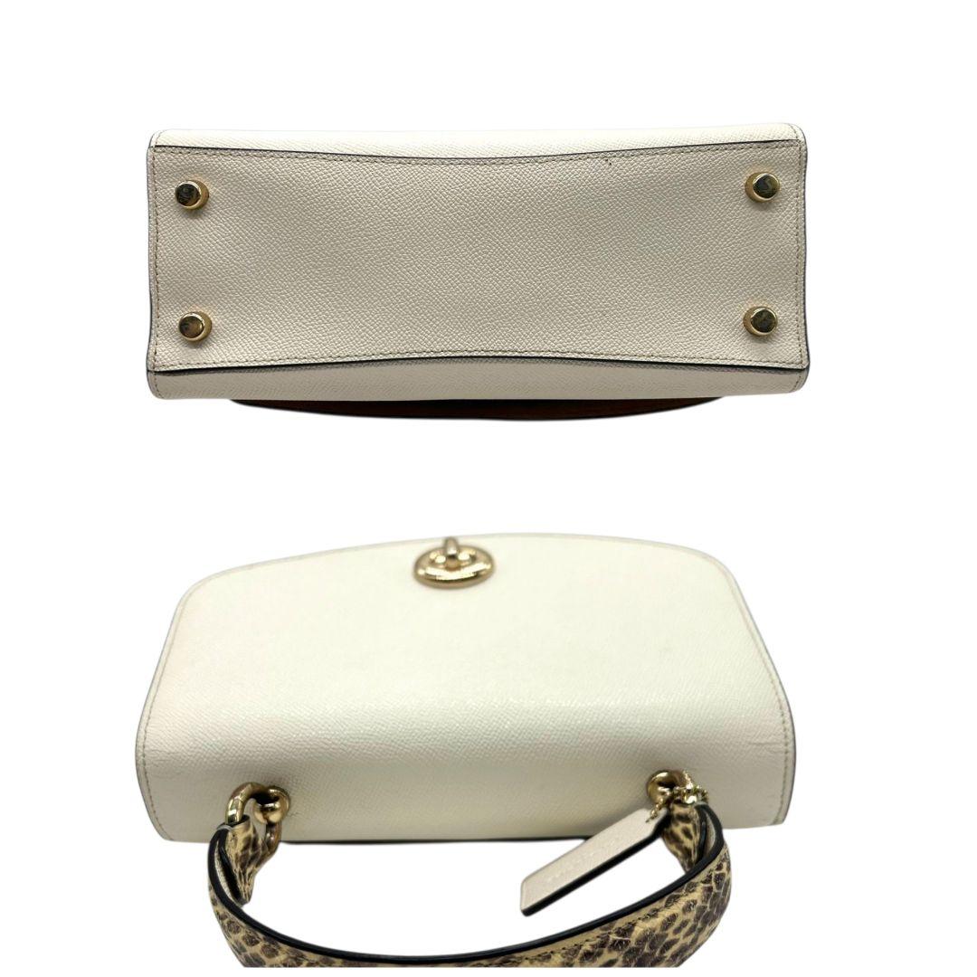 美品 コーチ COACH ハンドバッグ 型押し フラップ 2WAY ショルダーバッグ ホワイト ベージュ ブラウン ターンロック 自立可 レザー 本革 81789