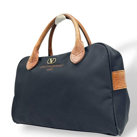 ヴァレンティノガラヴァーニ ハンドバッグ 黒 ブラック Vロゴ sport クロコ型押し トートバッグ 自立可 ナイロン レザー ブラウン ゴールド金具 ロゴタグ s50 VALENTINO GARAVANI