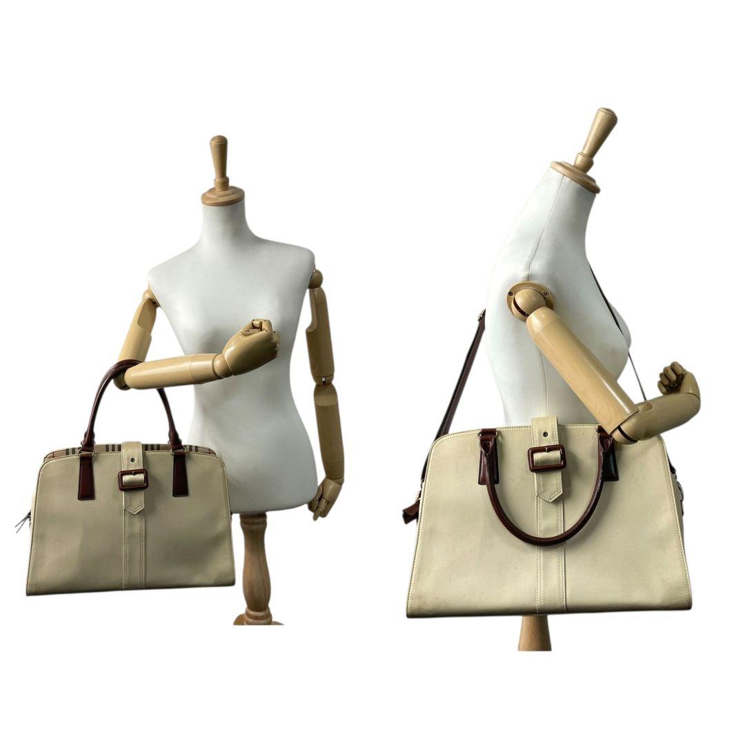 バーバリー BURBERRY トートバッグ ベージュ レザー×キャンバス 2way 斜め掛け可 A4収納可能 ワンショルダー ロゴプレート ショルダーバッグ ハンドバッグ ブラウン u16