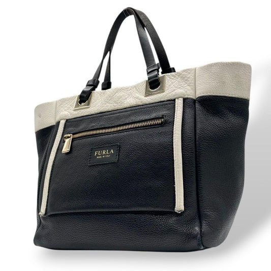 美品 フルラ トートバッグ 黒 バイカラー レザー 本革 FURLA u13 ハンドバッグ ロゴプレート ゴールド金具 ブラック ホワイト 上品 通勤 通学 A4収納可