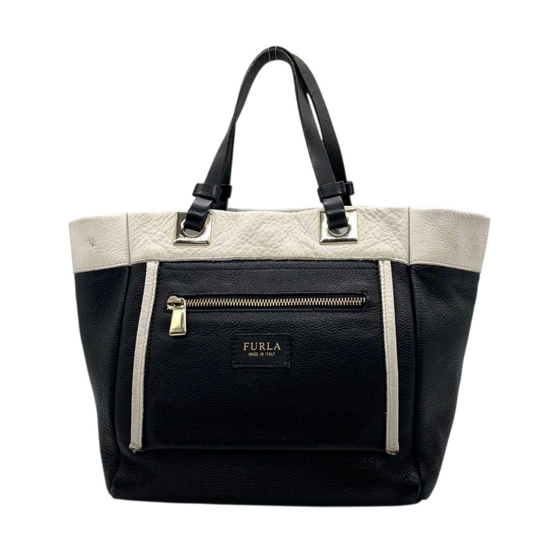 美品 フルラ トートバッグ 黒 バイカラー レザー 本革 FURLA u13 ハンドバッグ ロゴプレート ゴールド金具 ブラック ホワイト 上品 通勤 通学 A4収納可
