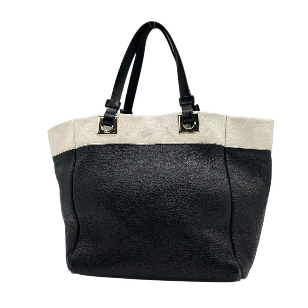 美品 フルラ トートバッグ 黒 バイカラー レザー 本革 FURLA u13 ハンドバッグ ロゴプレート ゴールド金具 ブラック ホワイト 上品 通勤 通学 A4収納可