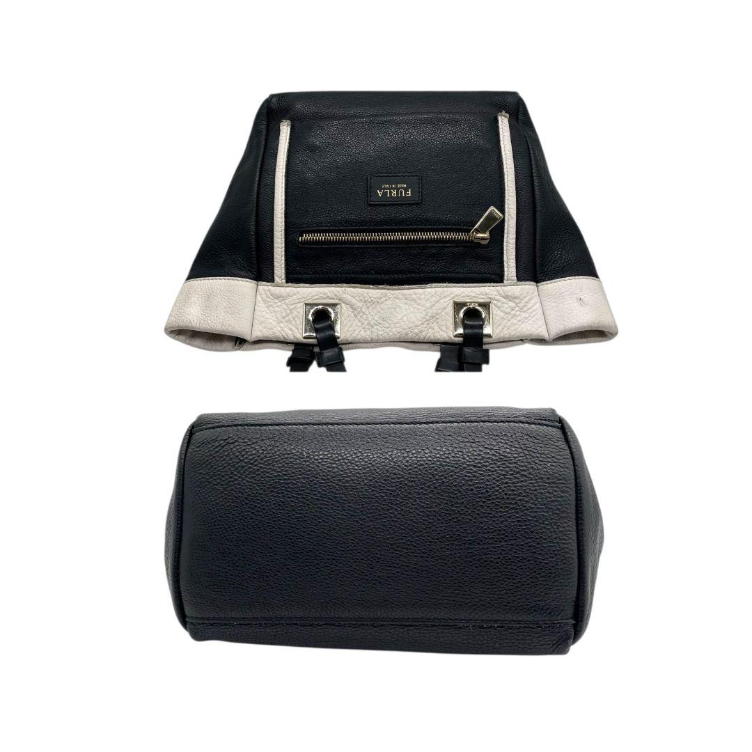 美品 フルラ トートバッグ 黒 バイカラー レザー 本革 FURLA u13 ハンドバッグ ロゴプレート ゴールド金具 ブラック ホワイト 上品 通勤 通学 A4収納可