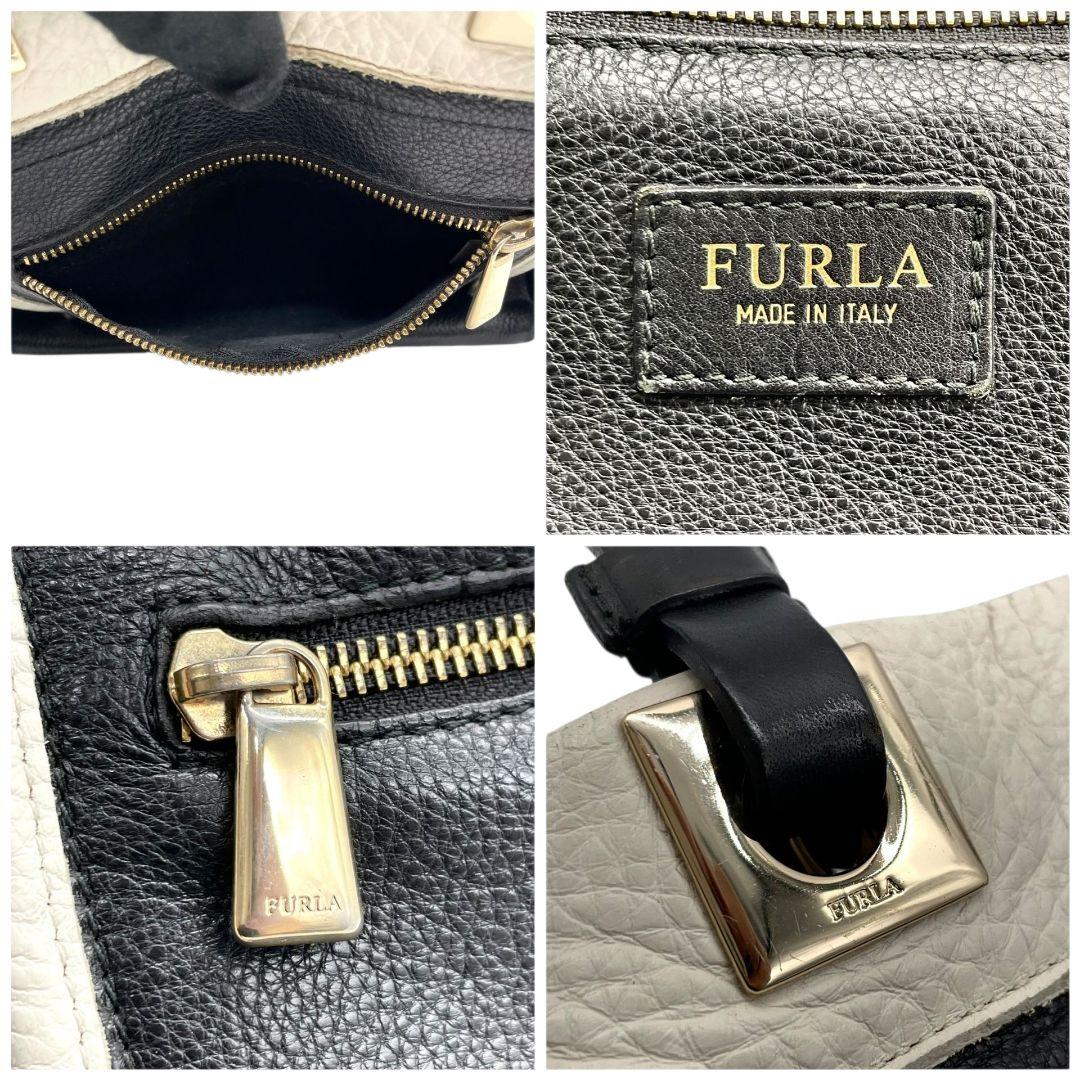 美品 フルラ トートバッグ 黒 バイカラー レザー 本革 FURLA u13 ハンドバッグ ロゴプレート ゴールド金具 ブラック ホワイト 上品 通勤 通学 A4収納可
