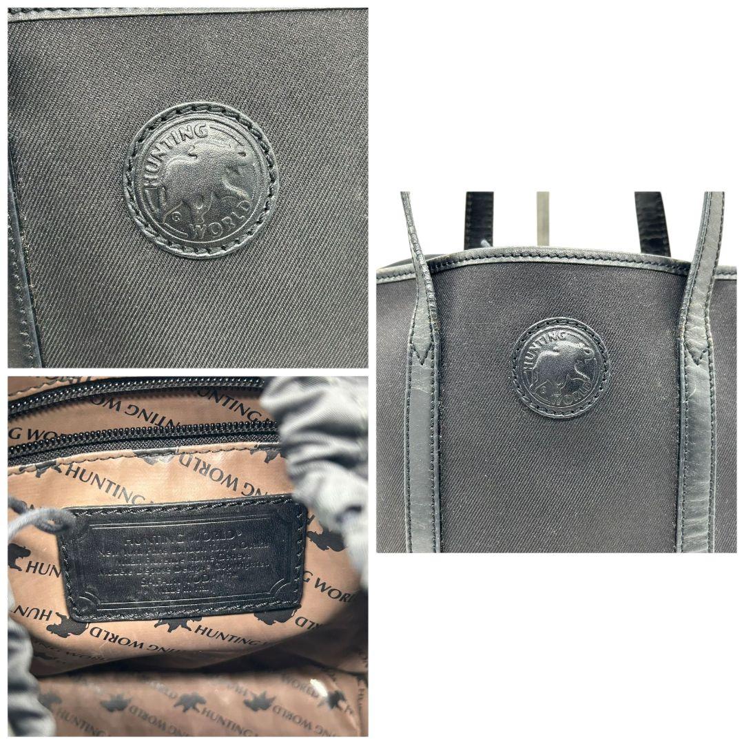 ハンティングワールド HUNTING WORLD トートバッグ ハンドバッグ 黒 ブラック ロゴ ワンショルダー 自立可 肩掛け可 キャンバス レザー ロゴプレート s92 レディース