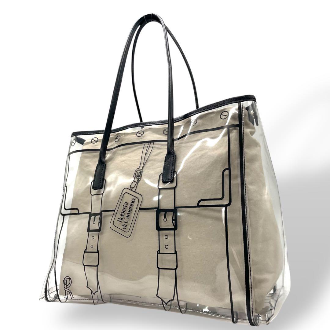 ロベルタディカメリーノ トロンプルイユ クリア トートバッグ A4収納 内袋付き ワンショルダー ビニールバッグ 内装キャンバス 総柄 ゴールド金具 肩掛け可 ハンドバッグ Roberta di Camerino