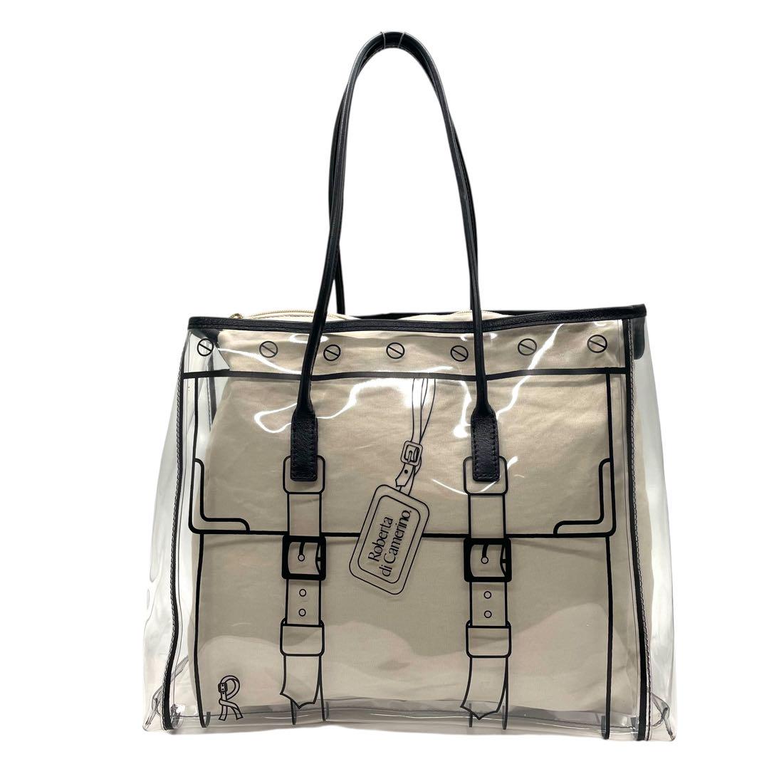 ロベルタディカメリーノ トロンプルイユ クリア トートバッグ A4収納 内袋付き ワンショルダー ビニールバッグ 内装キャンバス 総柄 ゴールド金具 肩掛け可 ハンドバッグ Roberta di Camerino