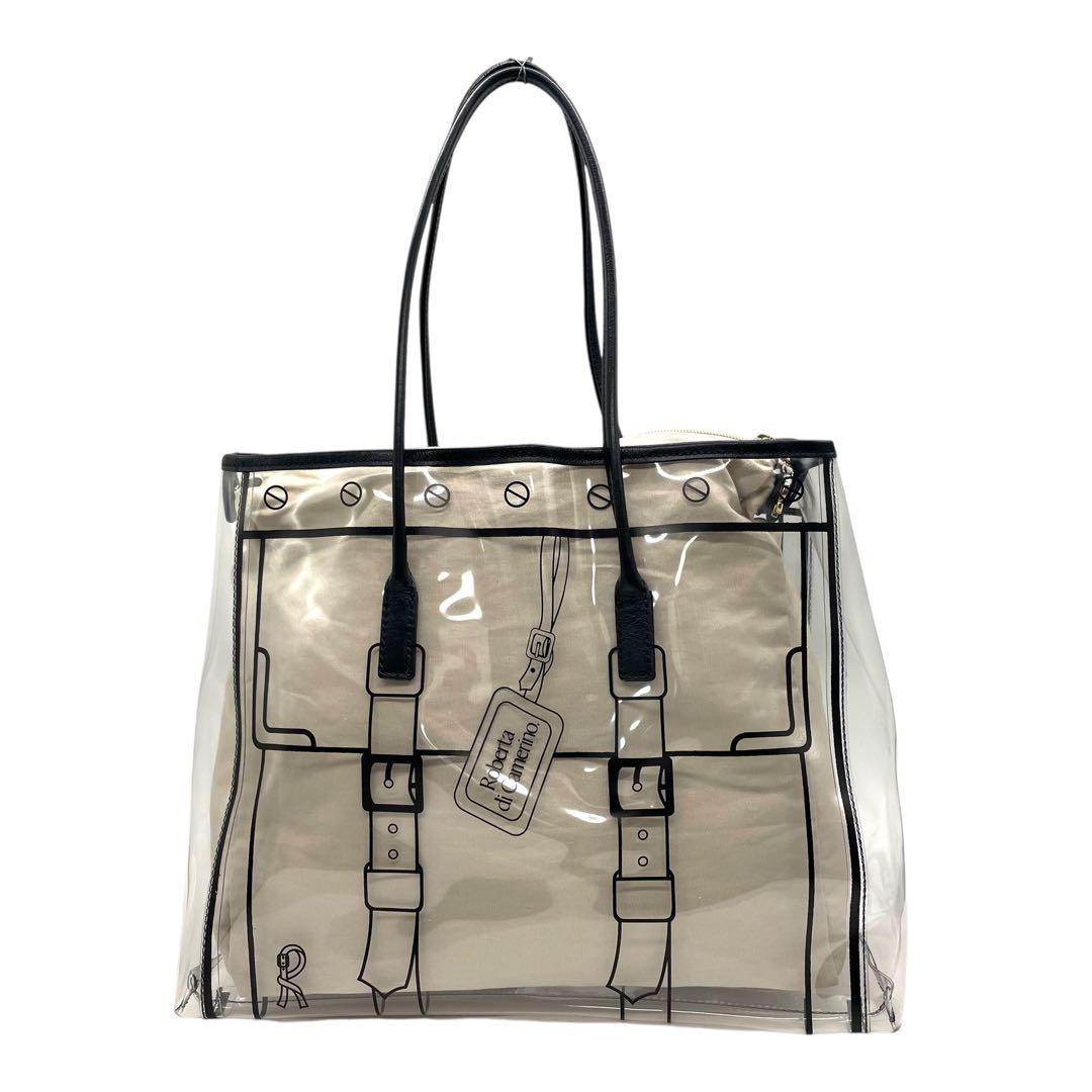 ロベルタディカメリーノ トロンプルイユ クリア トートバッグ A4収納 内袋付き ワンショルダー ビニールバッグ 内装キャンバス 総柄 ゴールド金具 肩掛け可 ハンドバッグ Roberta di Camerino