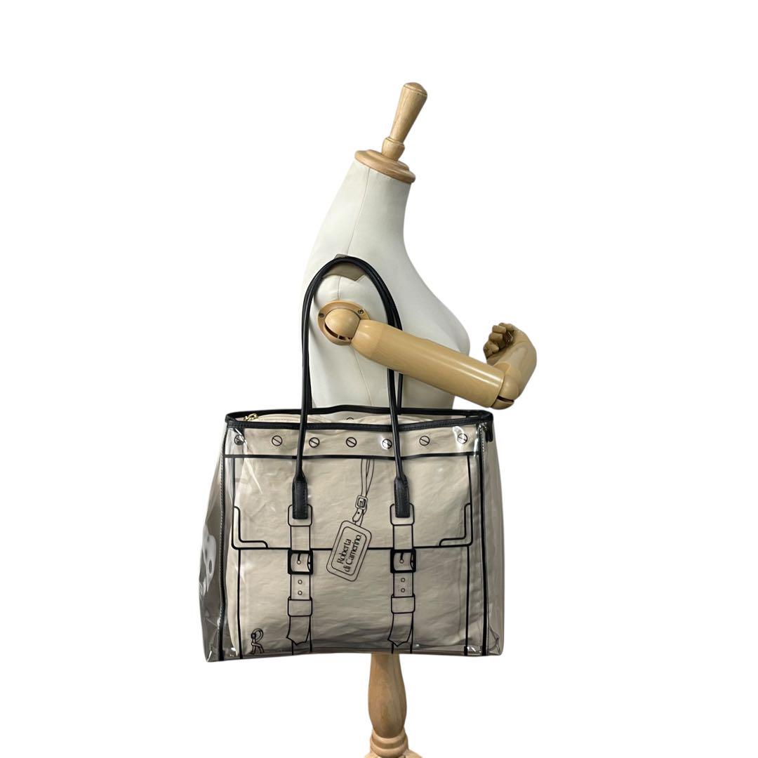 ロベルタディカメリーノ トロンプルイユ クリア トートバッグ A4収納 内袋付き ワンショルダー ビニールバッグ 内装キャンバス 総柄 ゴールド金具 肩掛け可 ハンドバッグ Roberta di Camerino