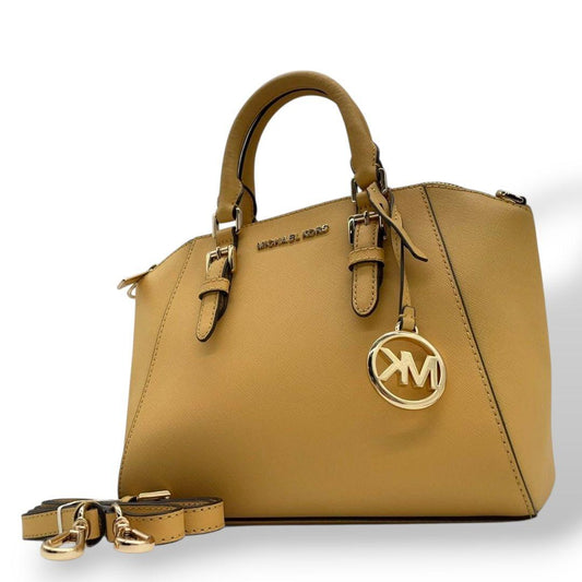 美品　マイケルコース　ハンドバッグ　黄　ロゴ　2way　斜め掛け可　レザー　u10　本革　トートバッグ　ショルダーバッグ　イエロー　ゴールド金具　ロゴプレート　ロゴチャーム　MICHAEL KORS