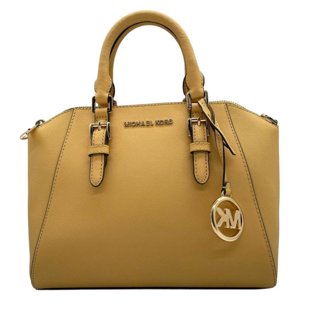 美品　マイケルコース　ハンドバッグ　黄　ロゴ　2way　斜め掛け可　レザー　u10　本革　トートバッグ　ショルダーバッグ　イエロー　ゴールド金具　ロゴプレート　ロゴチャーム　MICHAEL KORS