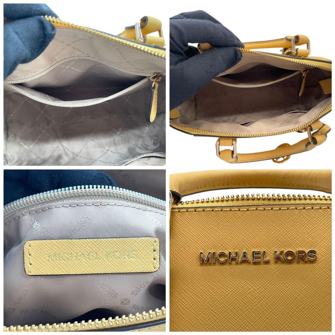 美品　マイケルコース　ハンドバッグ　黄　ロゴ　2way　斜め掛け可　レザー　u10　本革　トートバッグ　ショルダーバッグ　イエロー　ゴールド金具　ロゴプレート　ロゴチャーム　MICHAEL KORS