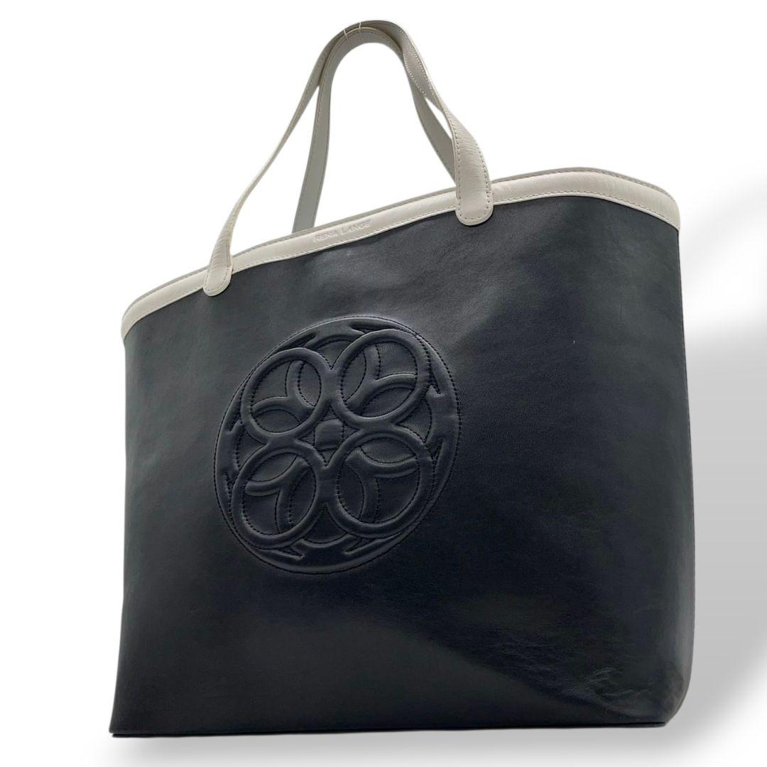 美品 レナランゲ トートバッグ 黒 ブラック ホワイト 白 デカロゴ レザー 本革 A4収納 ワンショルダー 肩掛け可 ハンドバッグ 本物保証 鑑定済 オシャレ RENA LANGE s55