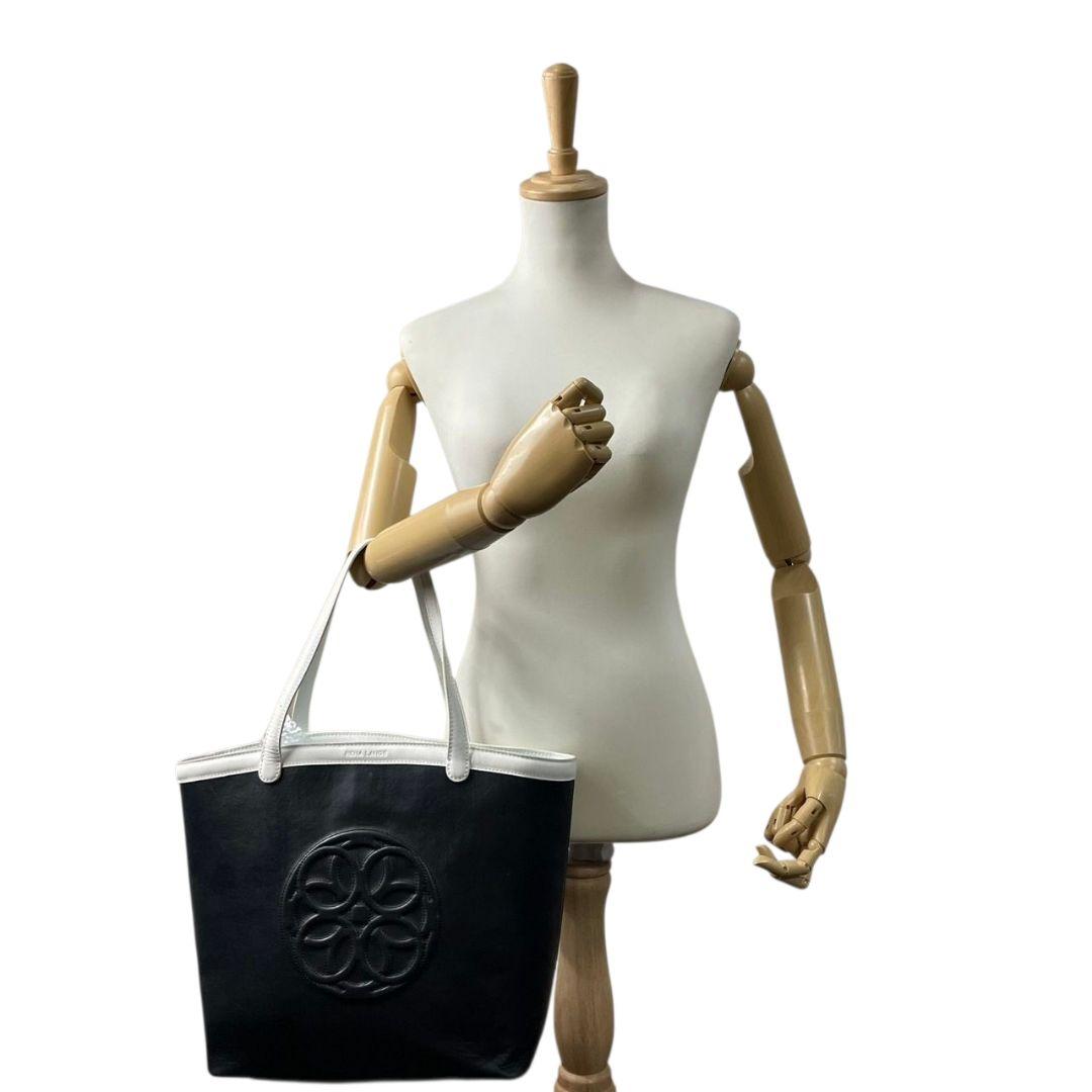 美品 レナランゲ トートバッグ 黒 ブラック ホワイト 白 デカロゴ レザー 本革 A4収納 ワンショルダー 肩掛け可 ハンドバッグ 本物保証 鑑定済 オシャレ RENA LANGE s55