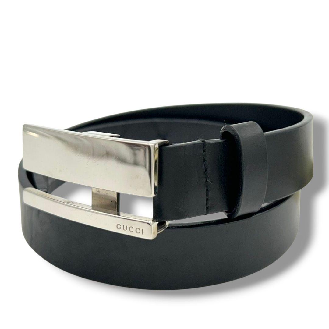 グッチ ベルト 黒 ブラック ロゴプレート PX-3 レザー 本革 シルバー金具 高級 ブランド メンズ 036-1766-1391 GUCCI