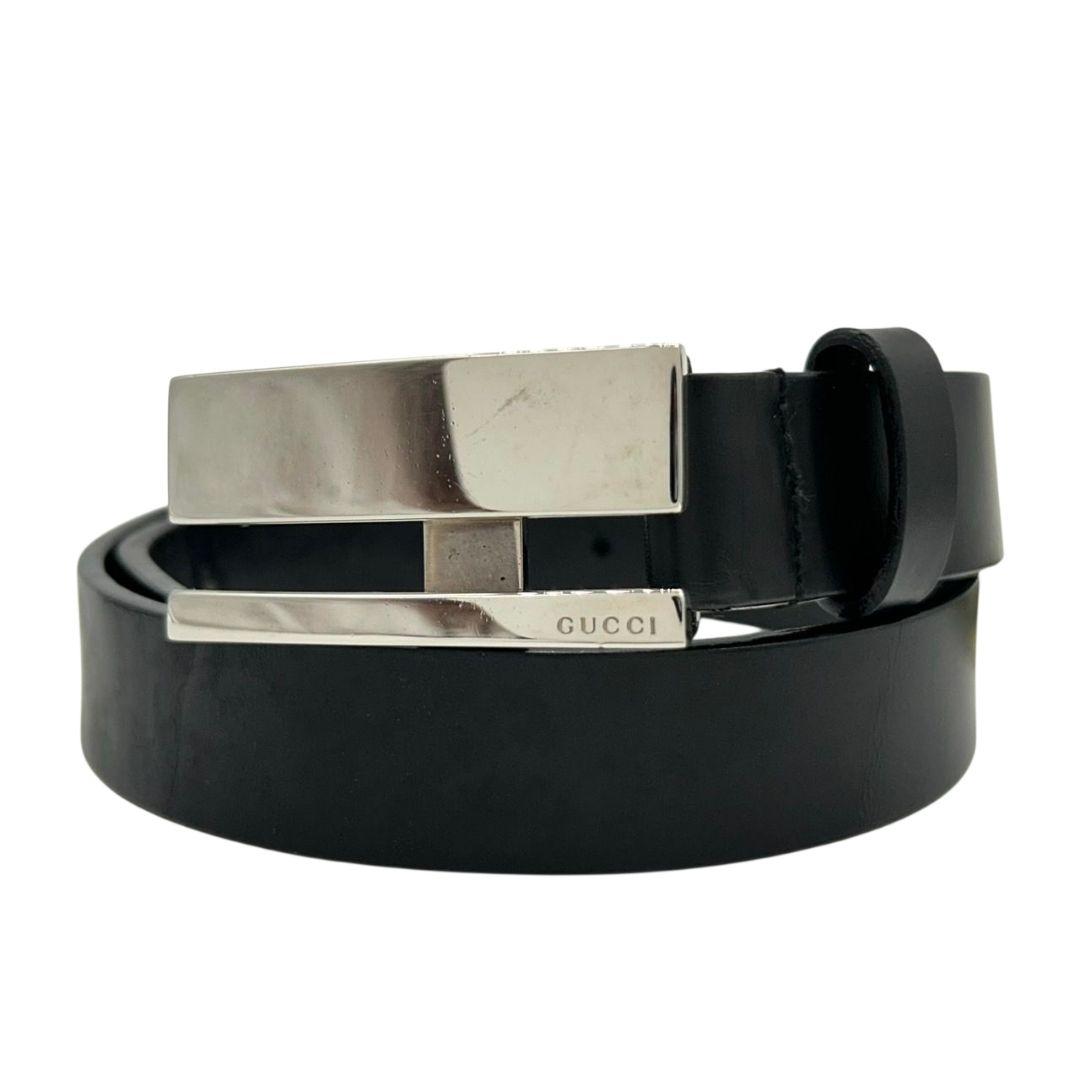 グッチ ベルト 黒 ブラック ロゴプレート PX-3 レザー 本革 シルバー金具 高級 ブランド メンズ 036-1766-1391 GUCCI