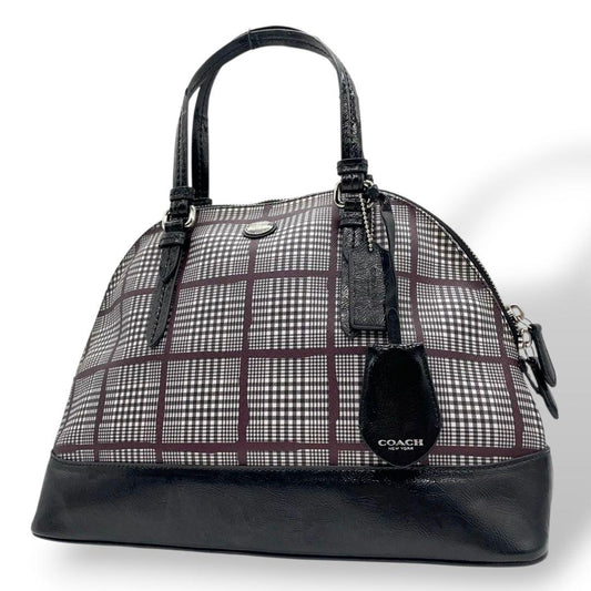 美品 コーチ ハンドバッグ 黒 チェック 総柄 PVC レザー 本革 T1 トートバッグ COACH シルバー金具 ロゴプレート ロゴタグ 自立可 F32841 ブラック ホワイト