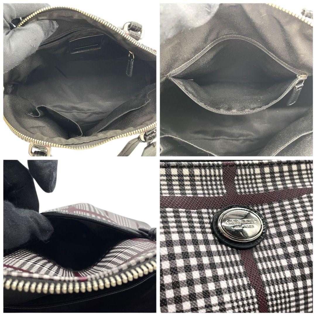 美品 コーチ ハンドバッグ 黒 チェック 総柄 PVC レザー 本革 T1 トートバッグ COACH シルバー金具 ロゴプレート ロゴタグ 自立可 F32841 ブラック ホワイト