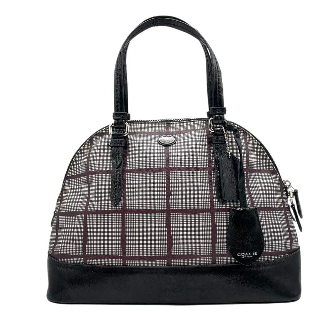 美品 コーチ ハンドバッグ 黒 チェック 総柄 PVC レザー 本革 T1 トートバッグ COACH シルバー金具 ロゴプレート ロゴタグ 自立可 F32841 ブラック ホワイト