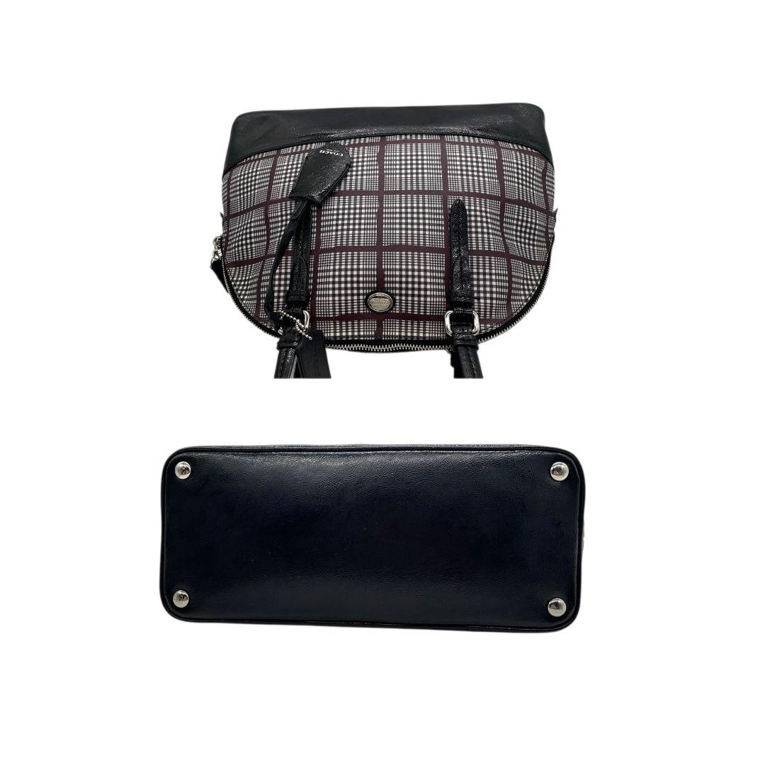 美品 コーチ ハンドバッグ 黒 チェック 総柄 PVC レザー 本革 T1 トートバッグ COACH シルバー金具 ロゴプレート ロゴタグ 自立可 F32841 ブラック ホワイト