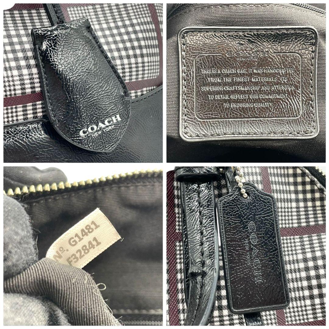 美品 コーチ ハンドバッグ 黒 チェック 総柄 PVC レザー 本革 T1 トートバッグ COACH シルバー金具 ロゴプレート ロゴタグ 自立可 F32841 ブラック ホワイト