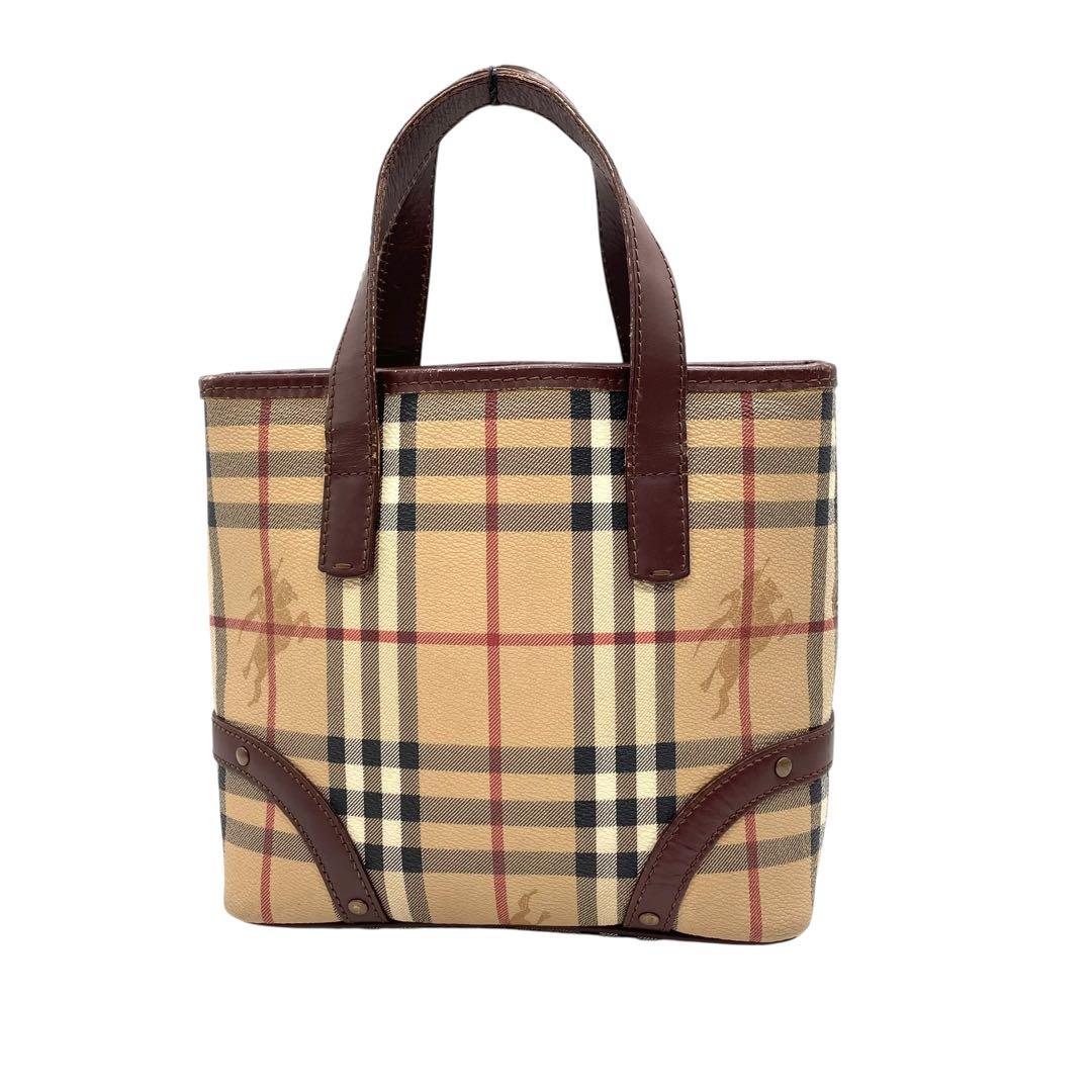 バーバリーロンドン ハンドバッグ ノバチェック シャドーホース ホースロゴ ベージュ ブラウン PVC レザー コンパクト ゴールド金具 Burberry London レディース バッグ