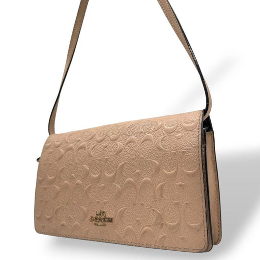 美品 コーチ ショルダーバッグ ピンク ベージュ シグネチャー エンボス フラップ レザー 本革 斜め掛け可 ウォレットバッグ クラッチ ゴールド金具 ロゴプレート 本物保証 鑑定済 COACH U9