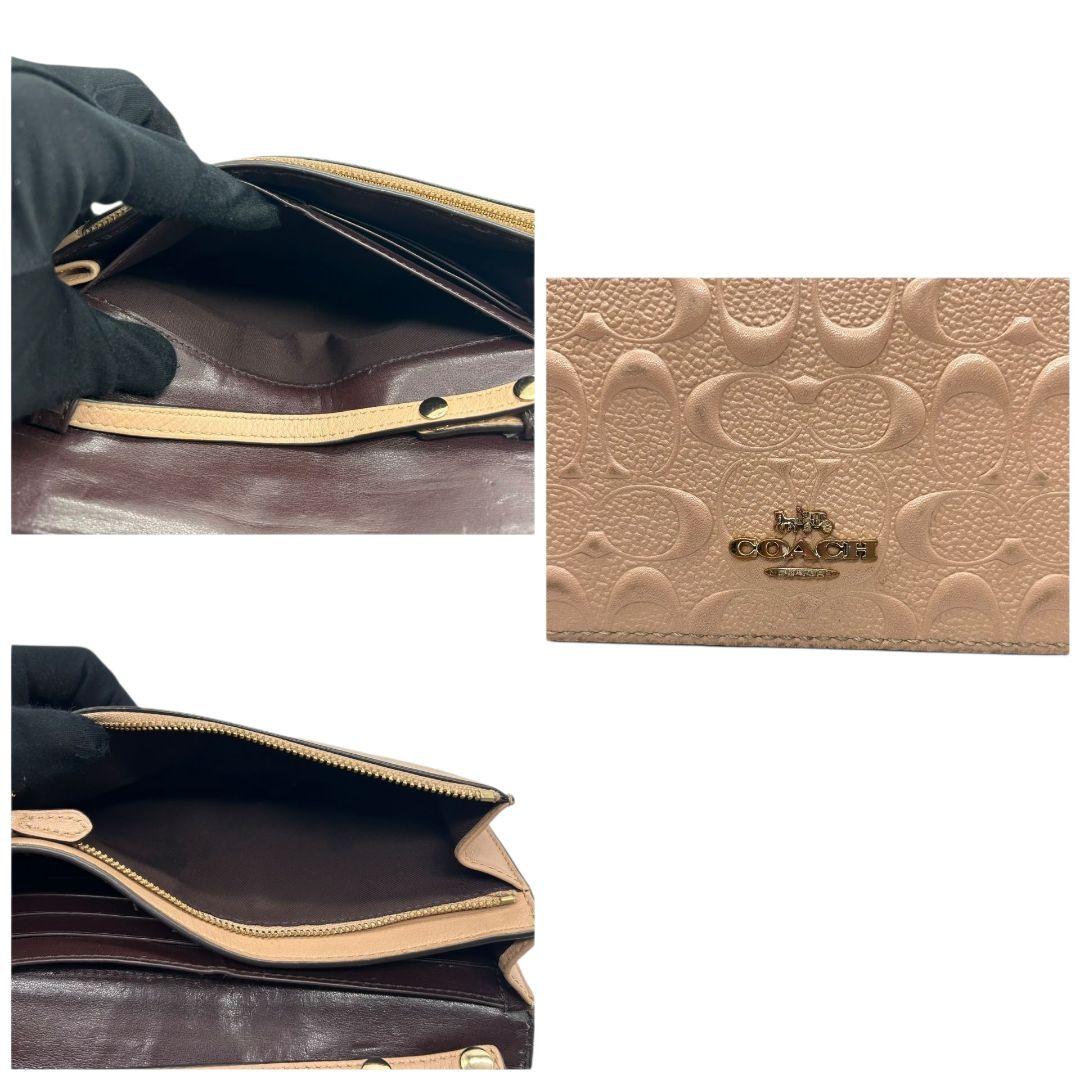 美品 コーチ ショルダーバッグ ピンク ベージュ シグネチャー エンボス フラップ レザー 本革 斜め掛け可 ウォレットバッグ クラッチ ゴールド金具 ロゴプレート 本物保証 鑑定済 COACH U9