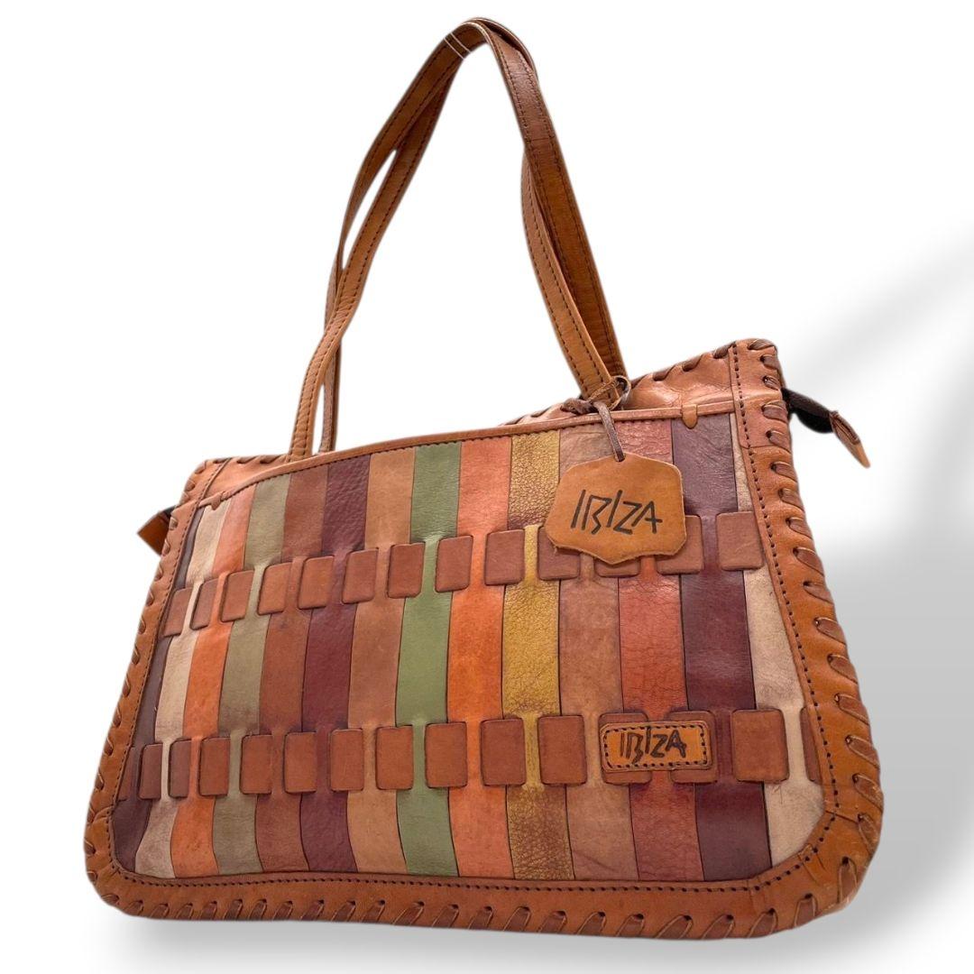 イビザ ハンドバッグ 茶 ブラウン パッチワーク A4収納 ワンショルダー レザー 本革 肩掛け可 マルチカラー ロゴタグ ロゴ トートバッグ 個性派 おしゃれ IBIZA T1
