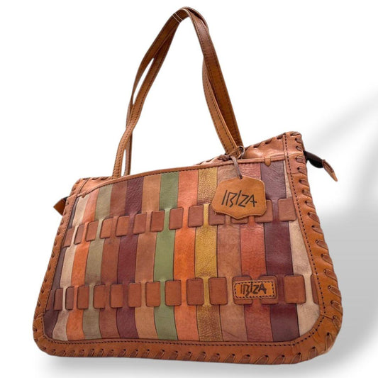 イビザ ハンドバッグ 茶 ブラウン パッチワーク A4収納 ワンショルダー レザー 本革 肩掛け可 マルチカラー ロゴタグ ロゴ トートバッグ 個性派 おしゃれ IBIZA T1