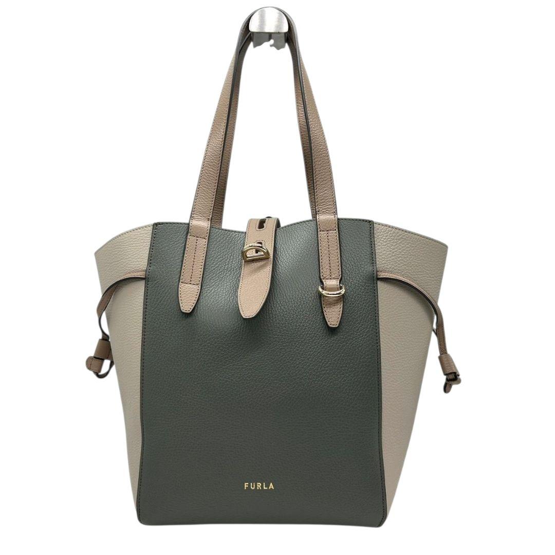美品　フルラ　トートバッグ　グレー　ベージュ　バイカラー　s21　ワンショルダー　レザー　本革　自立可　肩掛け可　ゴールド金具　ブランドロゴ　FURLA　上品　オシャレ