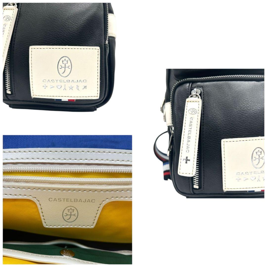 美品 カステルバジャック ボディバッグ 黒 ブラック ロゴ レザー 本革 斜め掛け可 ショルダーバッグ ホワイト シルバー金具 CASTELBAJAC s69 おしゃれ