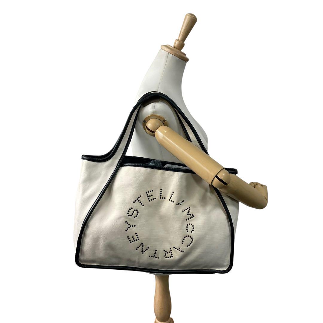 ステラマッカートニー トートバッグ アイボリー パンチングロゴ デカロゴ キャンバス レザー 肩掛け可 ワンショルダー ホワイト 白系 大容量 レディース